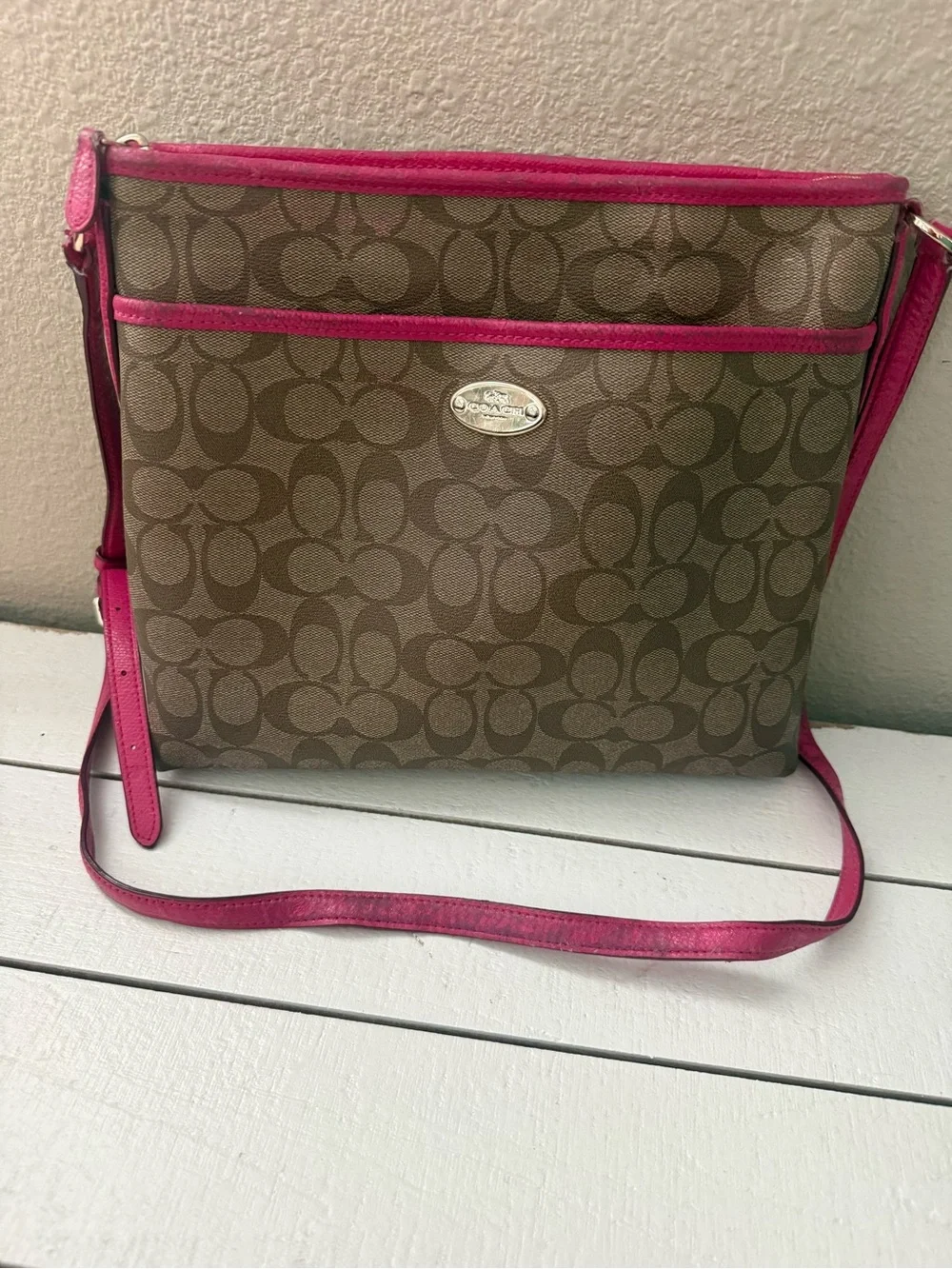 Vintage Coach Brown Signature Crossbody with Pink Trim! Very well loved.